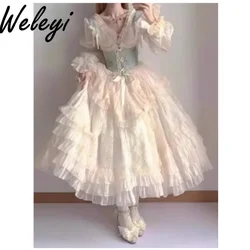 Jirai Kei Style Generate Color Waist Seal Dress Female Autumn New Lolita Sweet Long Sleeve Bandage Cake Dresses 2-częściowy garnitur