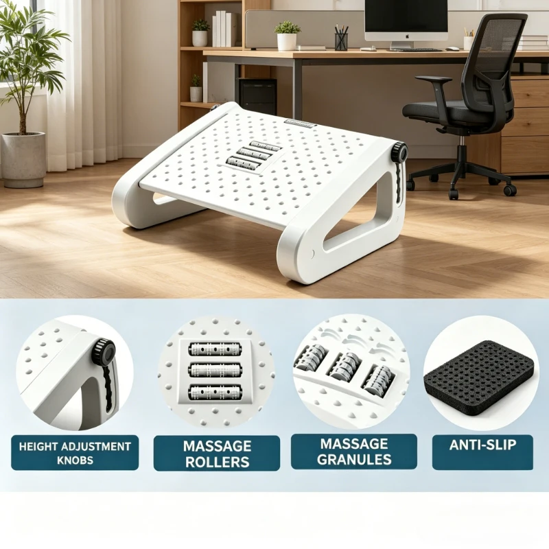 

Portable ergonomic foot stool, height adjustable under desk support, comfy leg cushion for long sitting office and home study