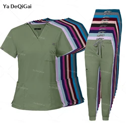 Scrubs Uniform Suit Short Sleeve V-neck Tops+jogger Pants Set Nursing Uniform Women Multicolor Pet Doctor Scrub Medical Workwear