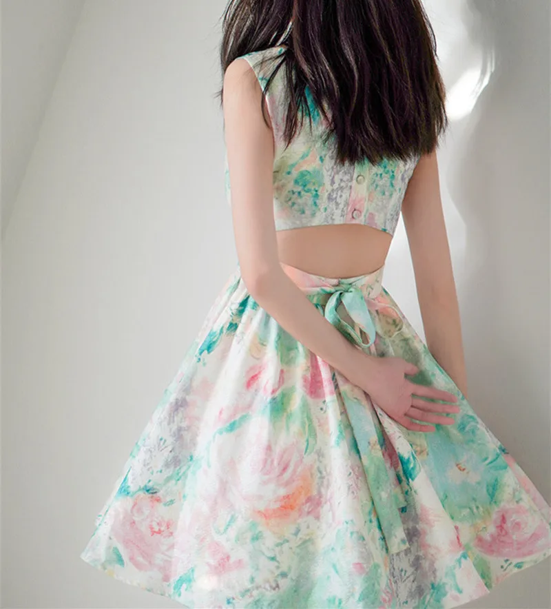 Summer Floral Sleeveless Hollow Out Dress Backless Bow Knot Short Dress Prom Party Gown Formal Green Sweet