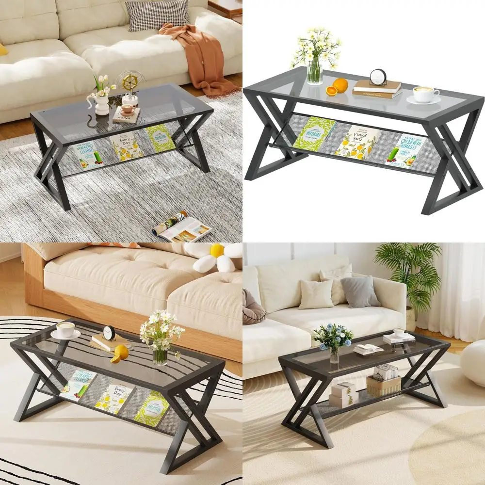 

Modern Grey Glass Coffee Table with Storage Shelf, Rectangular Design, Sturdy Black Metal Frame for Living Room and Home Office