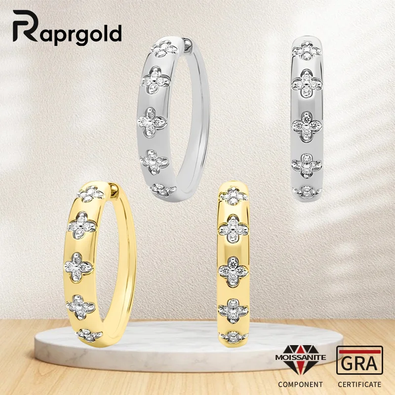 

RAPRGOLD Round Moissanite Lucky Clover Flower Hoop Earrings for Women S925 Sterling Silver Clover Fine Jewelry Gifts Pendientes
