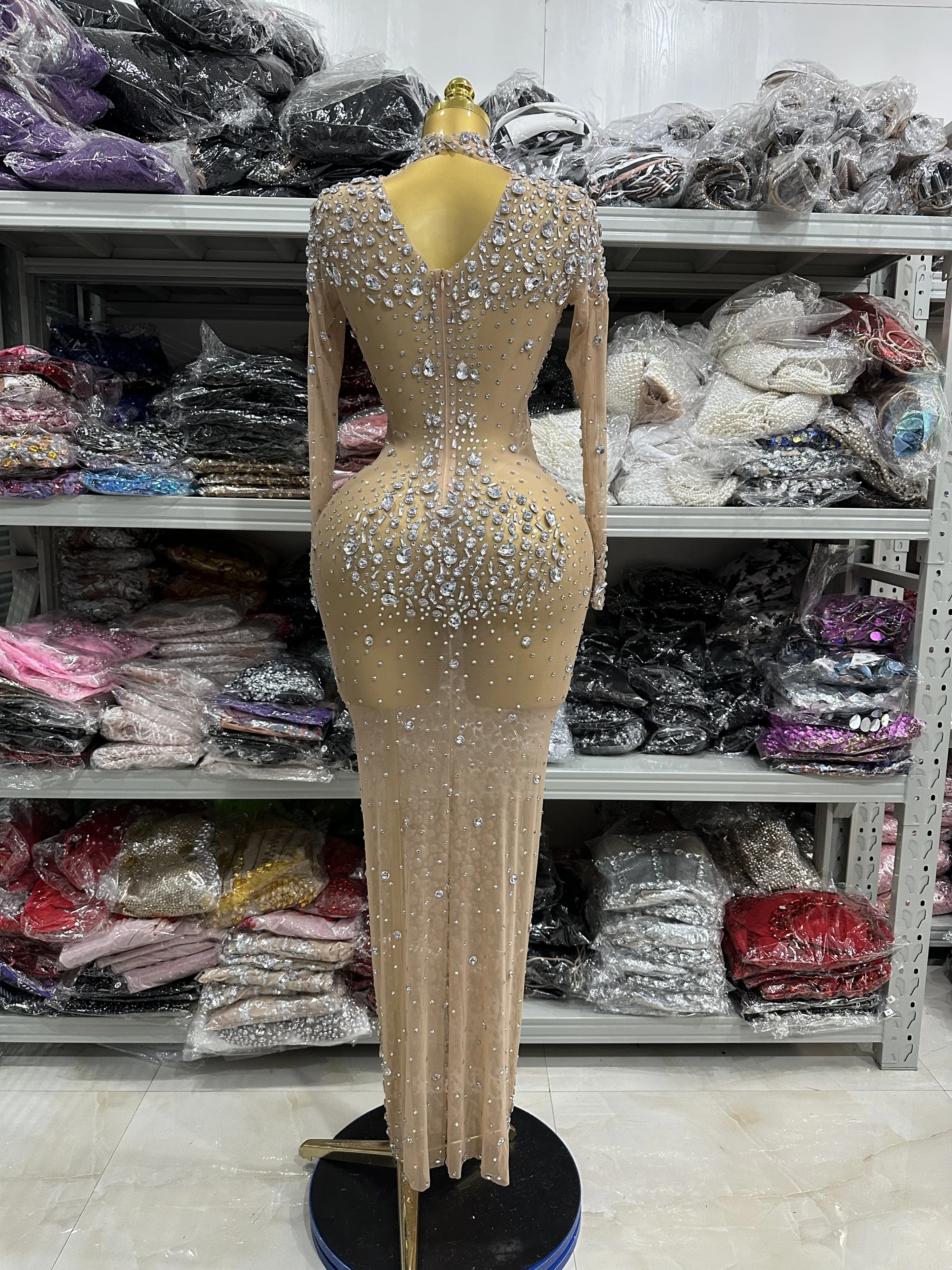 Top Quality Women Long Sleeve Big Crystal Mesh See Through Bodycon Long Gowns Dress Evening Party Celebrate Birthday Wear