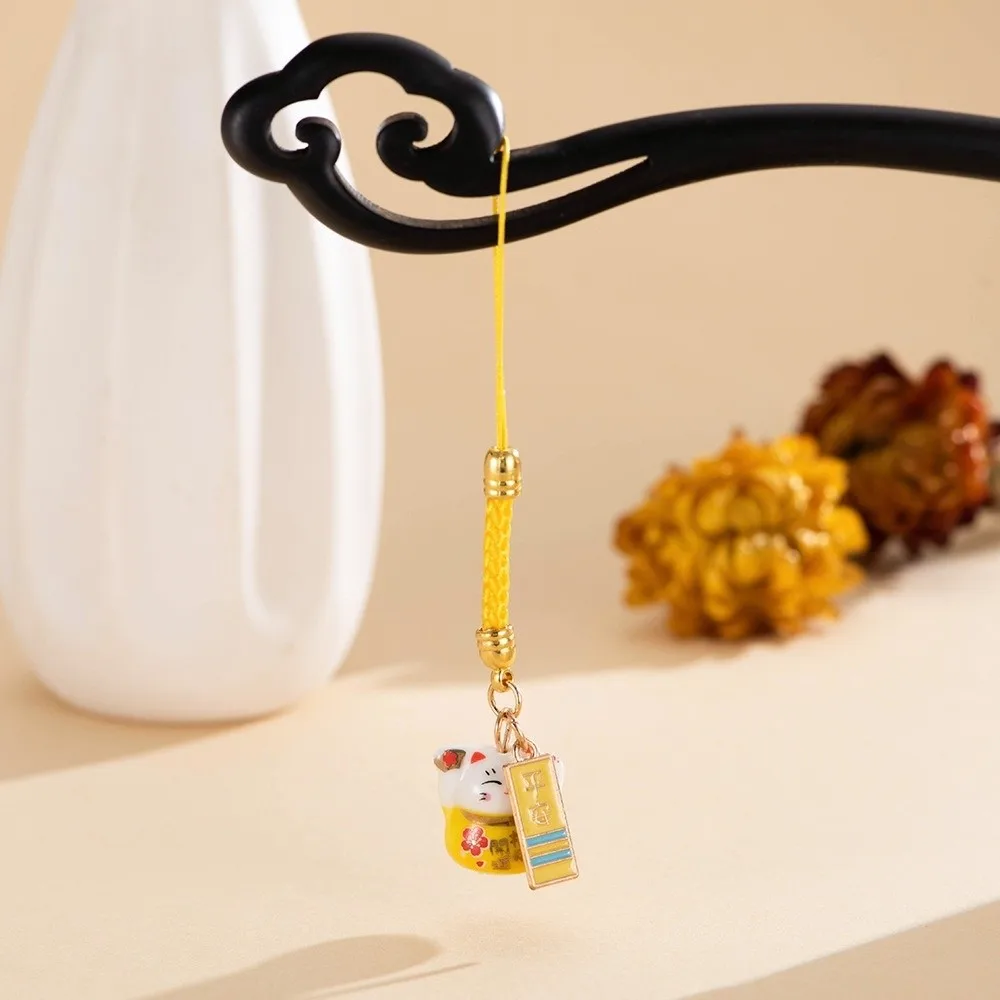 Hand Braided Lanyard Ceramic Lucky Cat Pendant Cell Phone Strap Japanese Style Phone Charm Bag Hanging Ornament Good Luck Gift
