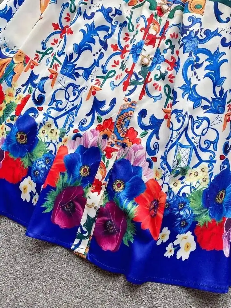 Runway Summer Holiday Flower Print Tank Dress Shirt Women\'s Single Breasted Belt Red Blue White Porcelain Midi Party Dresses