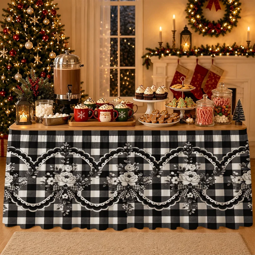 Black and white water buffalo pattern fan-shaped arc-edge tablecloth, suitable for daily home and dining decoration
