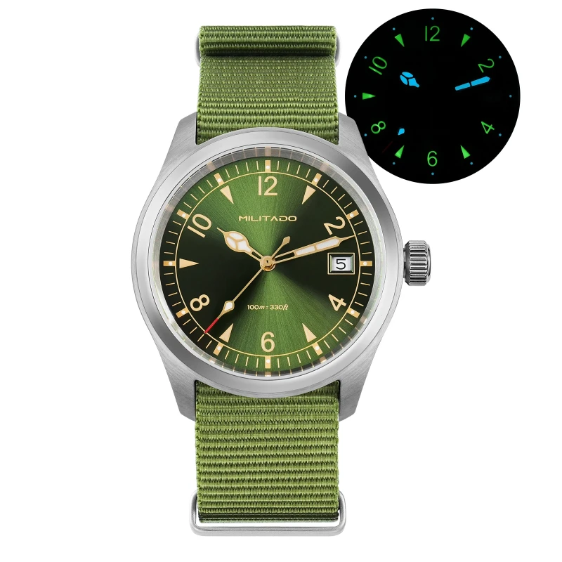 

Militado ML08 38mm Quartz Watch Ronda 515 Movement Domed Sapphire Crystal BGW9 Luminous 100m Waterproof Vintage Men Watches