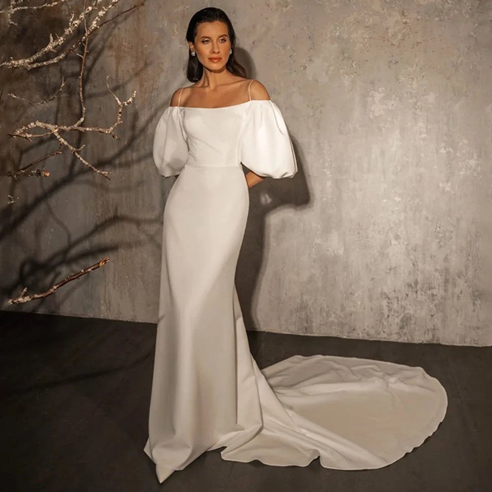 

Elegant Wedding Dress Off Shoulder Puff Sleeves Mermaid Gowns for Women 2023 Bride Backless Trumpet Simple Bridal