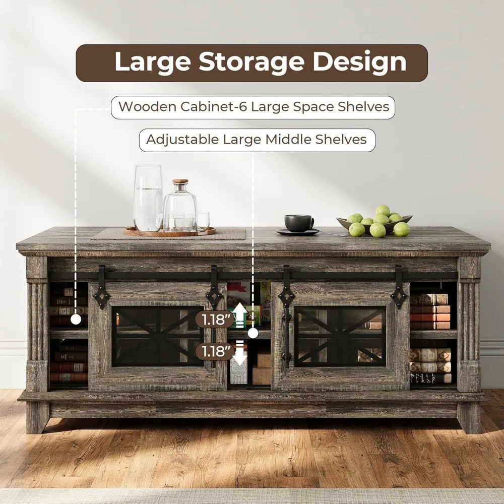 48'' Coffee Table with Sliding Barn Doors, Rustic Center Table with 6 Large Storage Space, Glass Doors and Adjustable Mid