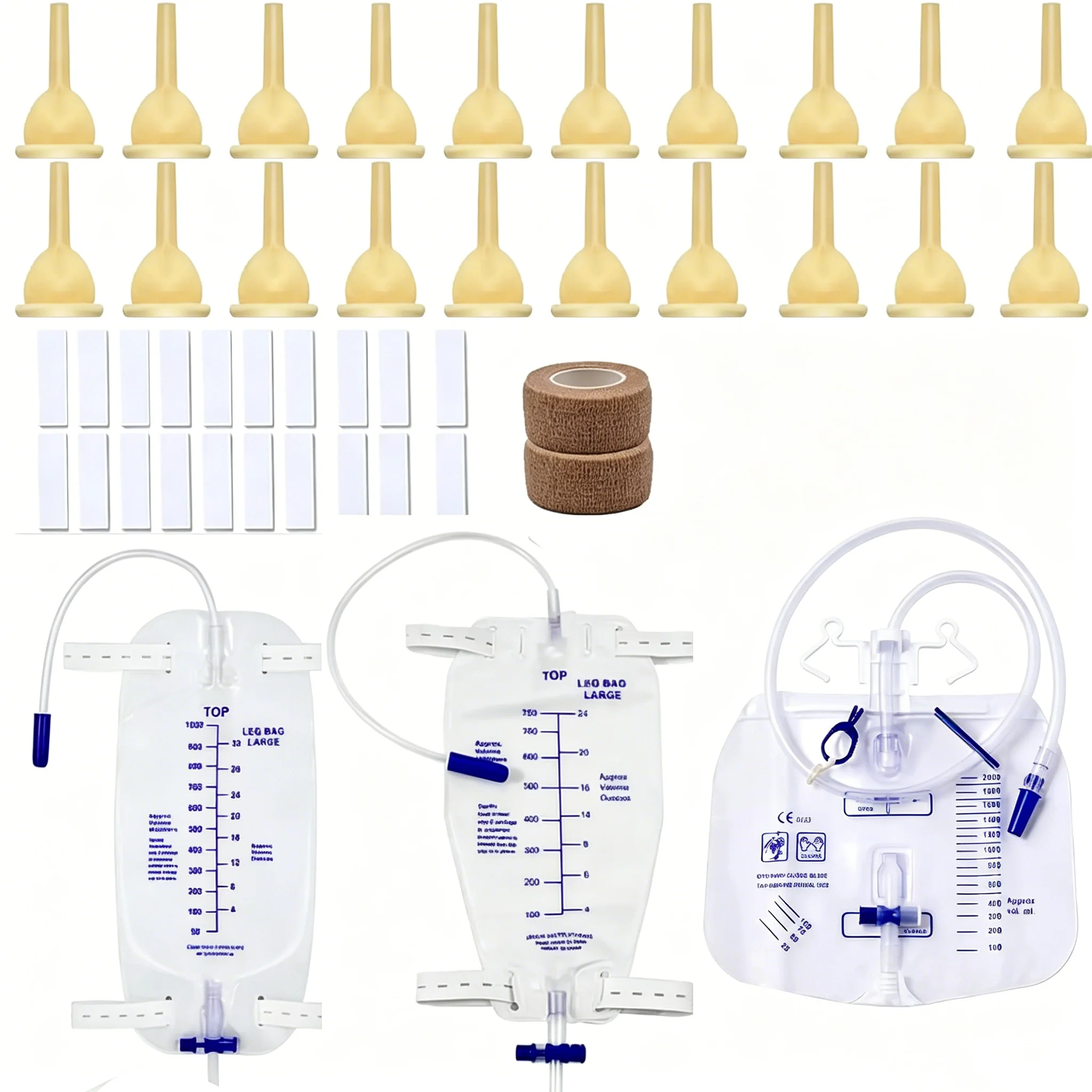 Male External Catheter Kit, 750ml & 1000ml Leg Bags, 2000ml Night Bag, 20 Latex Catheters, 2 Rolls Tape
