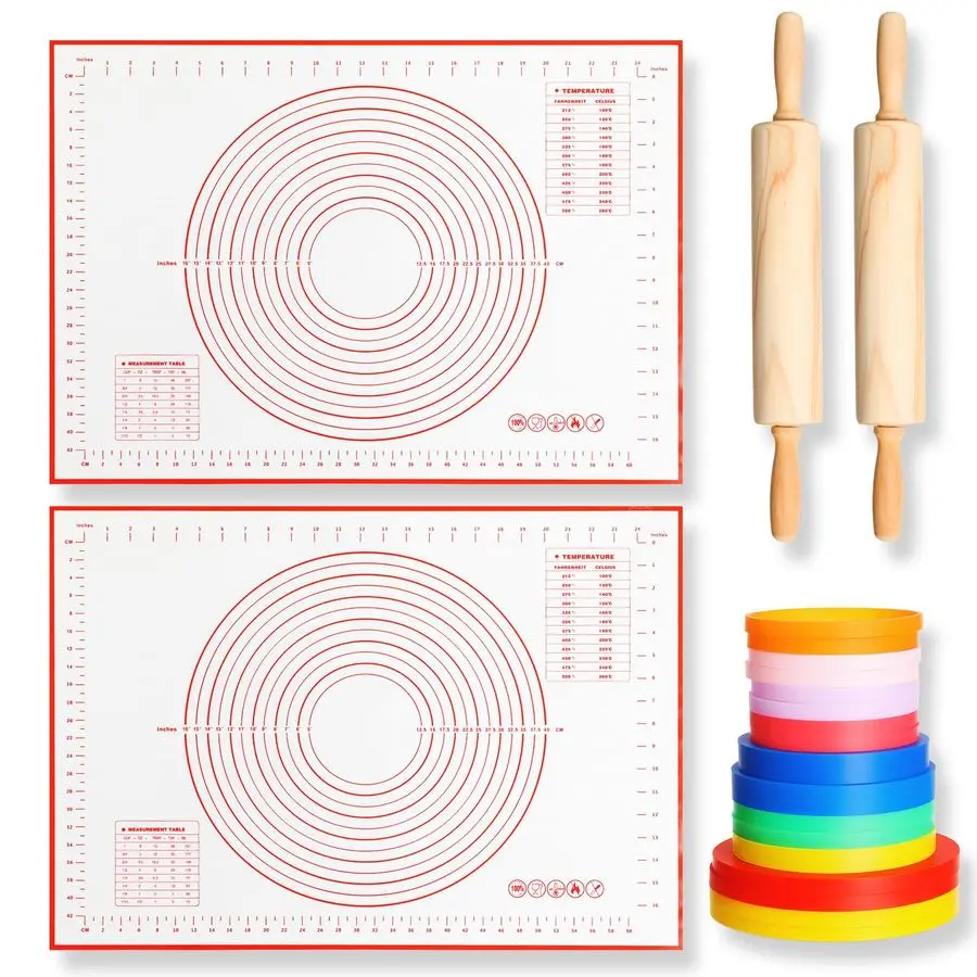

Pcs Rolling Pin Set Include 2 Classic Wood Dough Rollers 16 Adjustable Thickness Guide Rings 2 Pastry Mats Non slip Silicone Bak