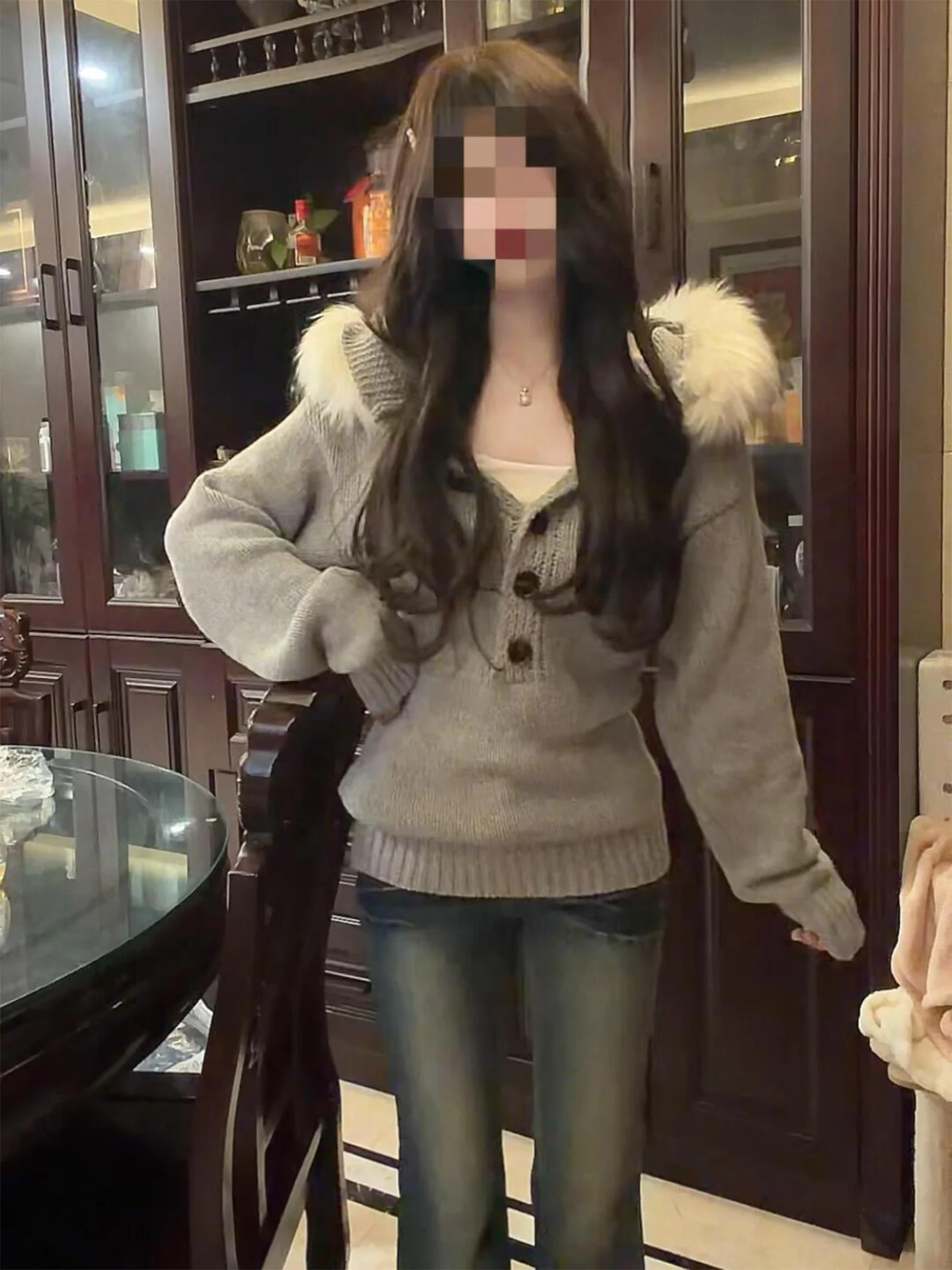 Removable Fur Collar Henry Sweater Women's Autumn Winter Slim Fit Grey Hooded Knitted Top Vintage Style Korean Fashion