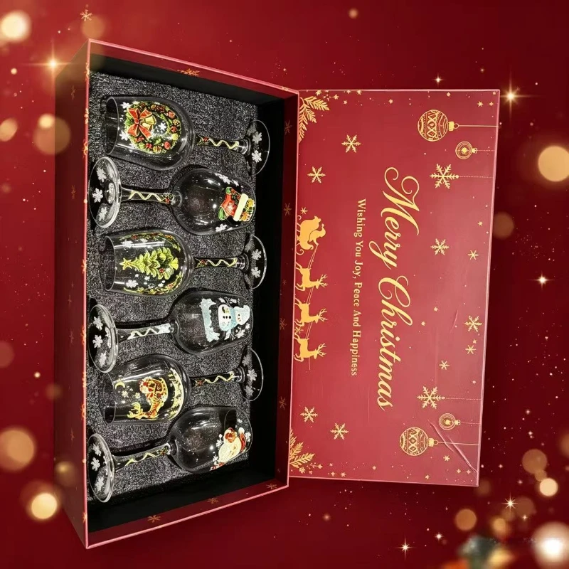 Christmas Wine Goblets 2D Snowman Pattern 6Pcs Gift Box Set Stemmed Wine Glass for Holiday Dinner Party Festival Gift