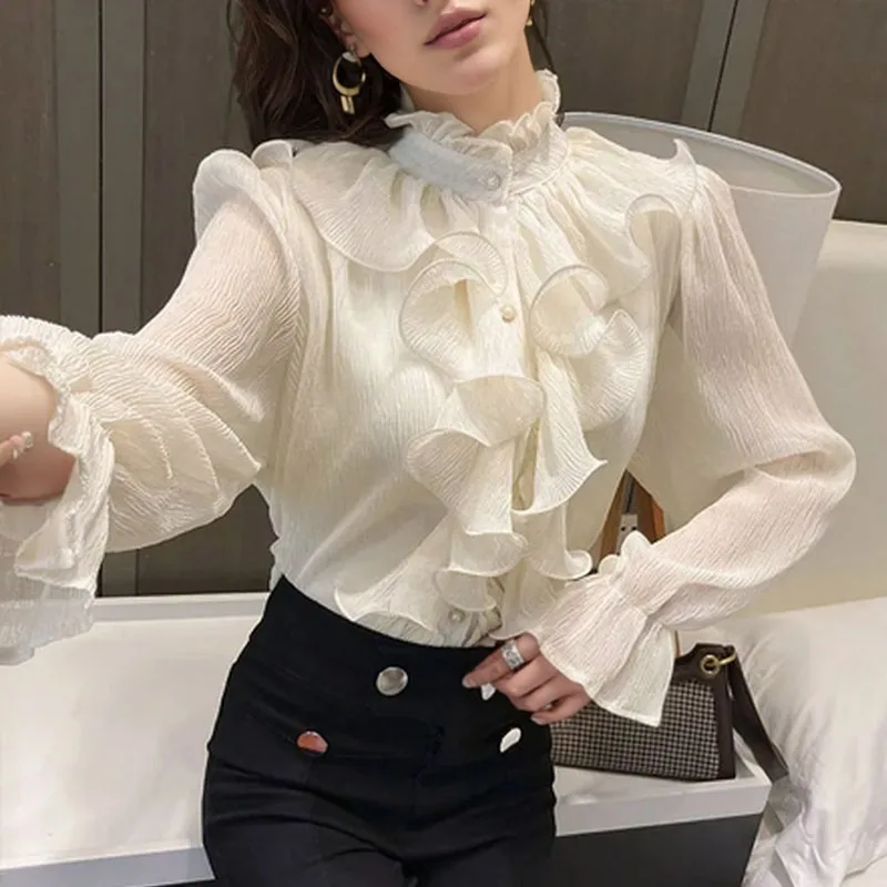 New Fashion Ruffles Stitching Lace Women\'s Blouse Elegant Chiffon Shirt Stand Collar Button Long Flare Sleeve Loose Tops 12946