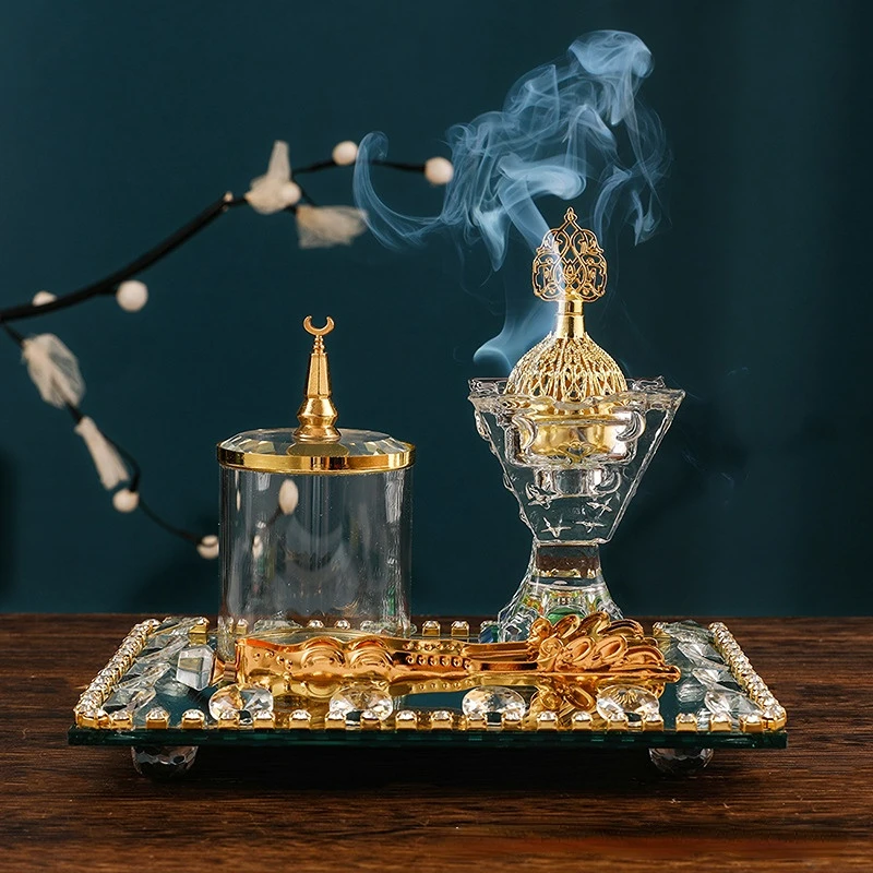 

Luxury Crystal Glass Incense Burner Holders Middle East Muslim Censers Sticks Hold for Home Wedding Ramadan Decoration