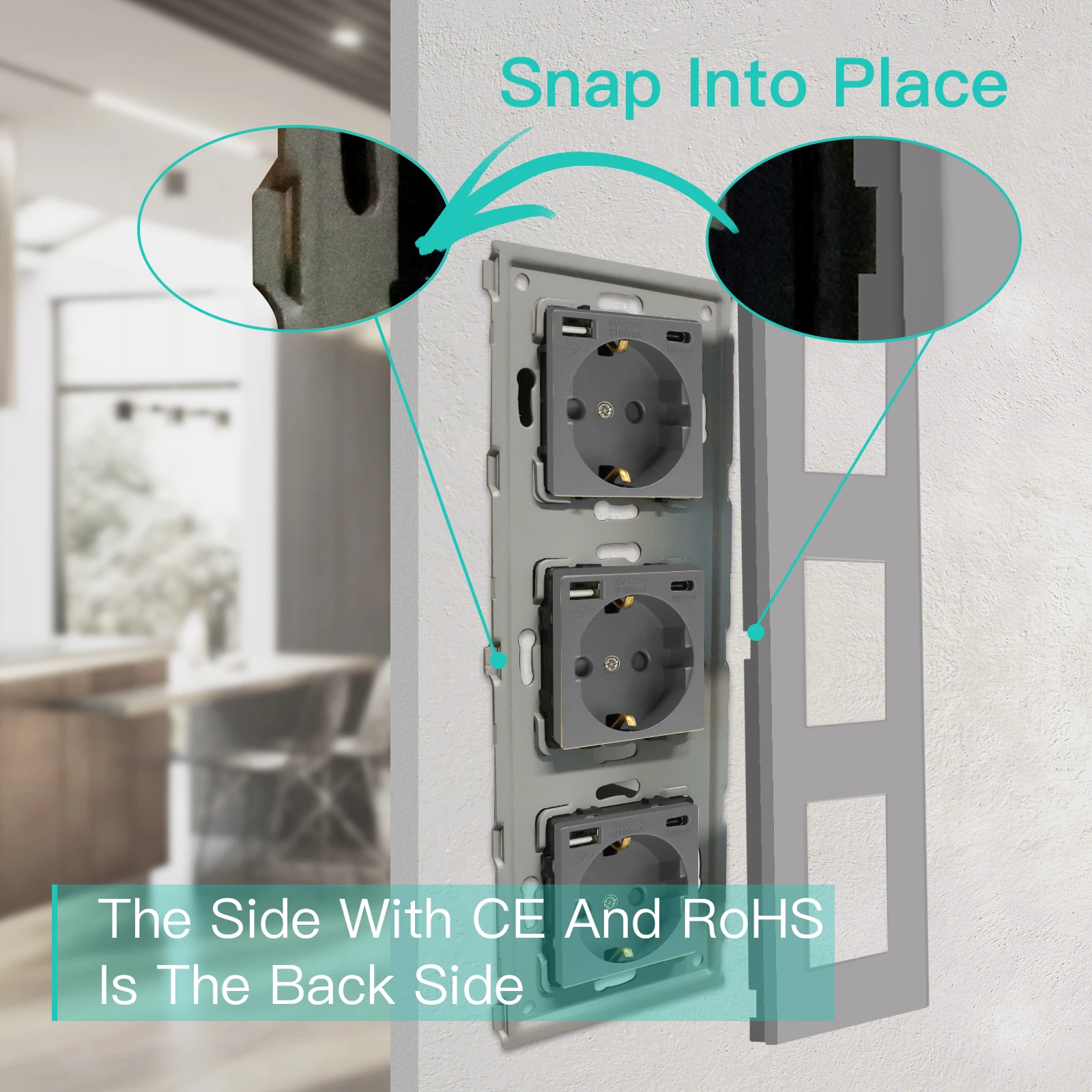 BSEED Single Type-C USB Socket Double Wall Electrical Sockets Triple Power Outlets Crystal Glass Frame EU Standard  16A