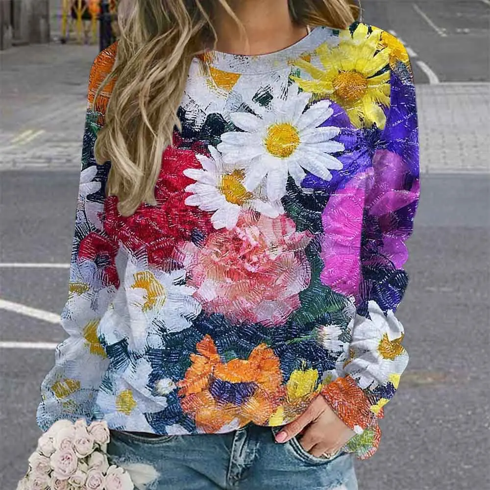 Colorful Daisy Sweatshirts Floral Flower 3D Print Autumn Women Hoodies Long Sleeve Y2k Oversized Pullovers Tops Female Clothing