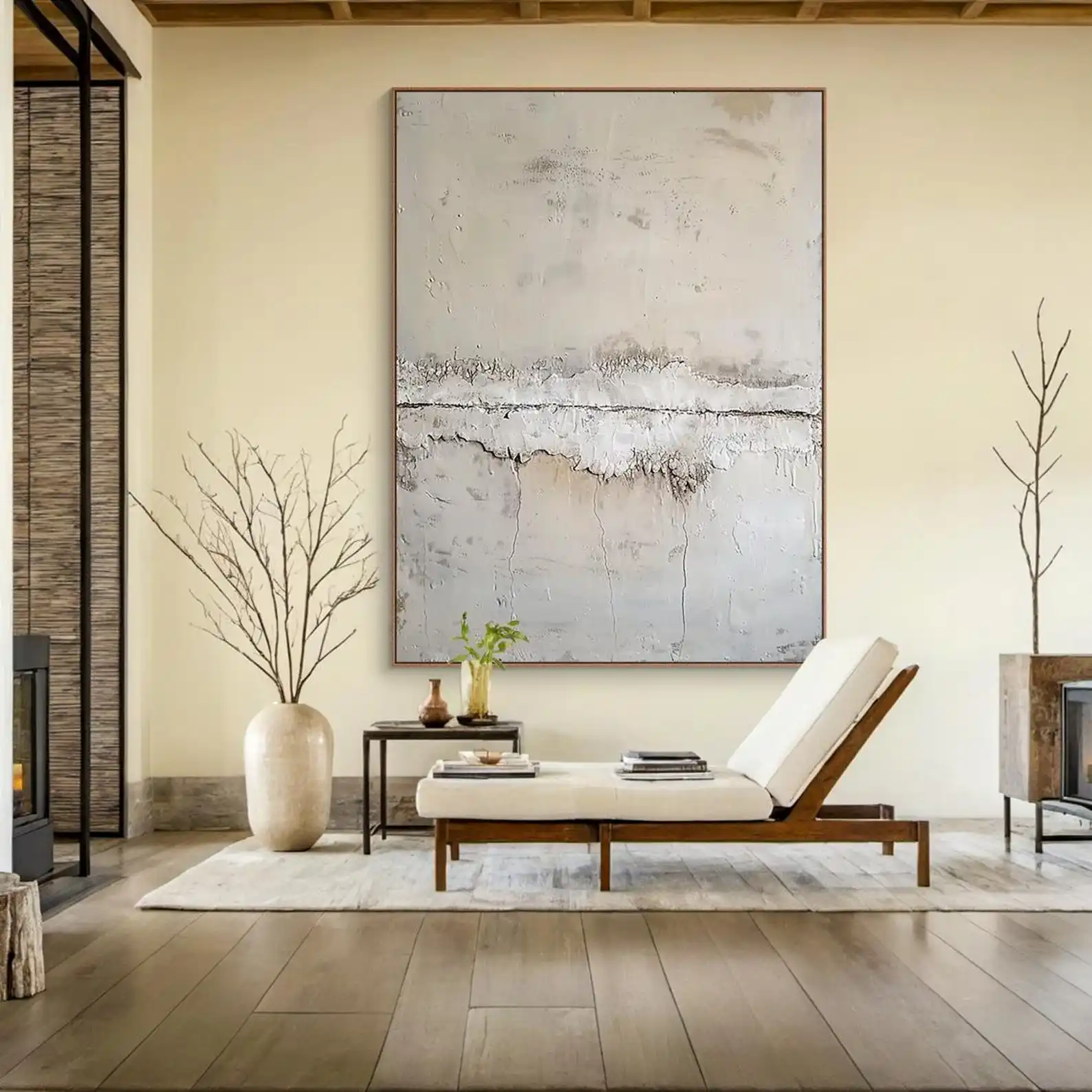 Mhemyo Beige minimalist wabi-sabi wall decor white textured abstract hand-painted painting grey abstract art modern room decor