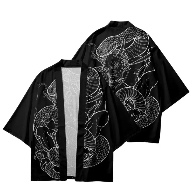 

Snake Prajna Printed Black Japanese Kimono Beach Shorts Summer Streetwear Traditional Women Men Yukata Harajuku Haori Cardigan