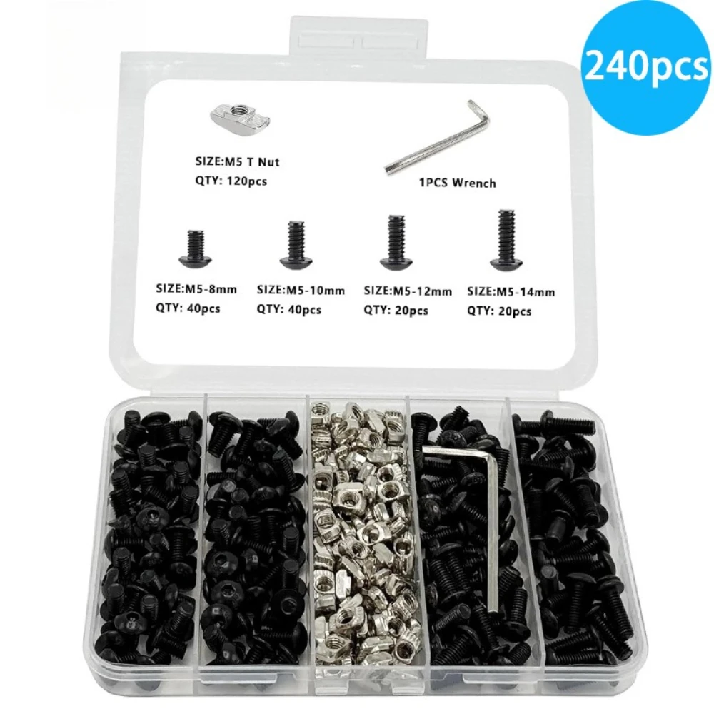 

240Pcs 10B21 Carbon Steel Screw Set Black Round Head Hexagon Socket Bolts M5 T-type Nuts Wrenches 8-16mm Hardware Fasteners