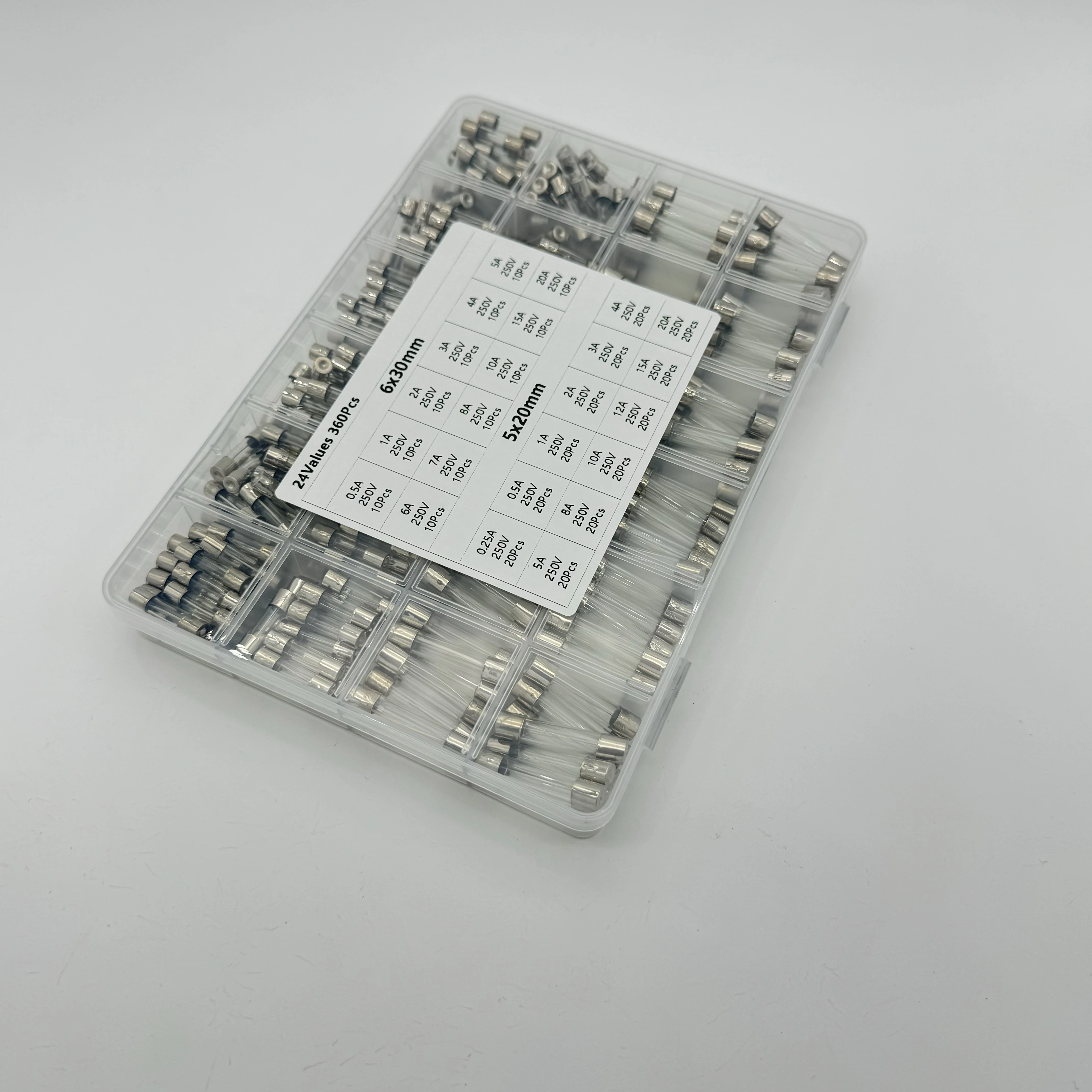 24 specifications 360 pcs box set of 5*20 + 6*30mm glass fuses combination kits 0.25A - 20A