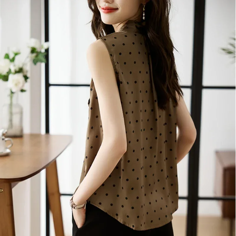 Lace Up Bow Satin Blouse Sleeveless Women Shirt Polka Dot Printing Shirts and Blouses Korean Fashion Woman Clothing Womens Tops