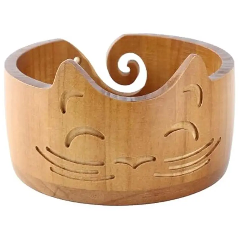 J1UL1N Charming Cat Shape Handmade Wooden Yarn Bowl Holder Dispenser For Crocheting Supplies Crochet Organizer Storage Solution