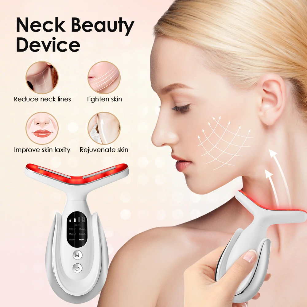 7 Color Light Face Lifter Neck Beauty Device LED Photon Therapy Skin Tighten Wrinkles Remover Heated Vibration Facial Massager