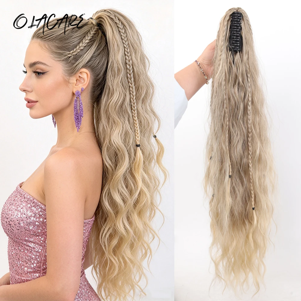 

Synthetic Black Blonde Ombre Braid Style Long Curly Water Wave Claw Clip Ponytail Heat Resistant Fiber Fluffy Messy Ponytail