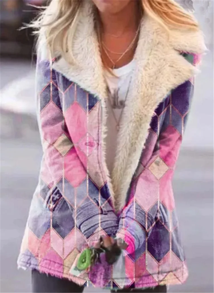 Nowa kolekcja wiosna/lato 2026 w magazynie Modny płaszcz z kołnierzem, nadrukiem, zapinany na jeden guzik, z długim rękawem, pluszowy płaszcz bawełniany dla kobiet