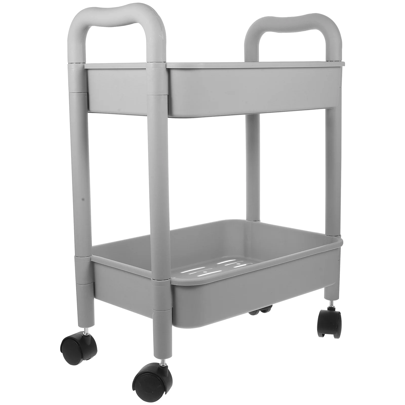 

2 Layer Grey Mobile Storage Rack Rolling Cart with Wheels for Office Home Organization Trolley Shelf Sturdy Construction Multi