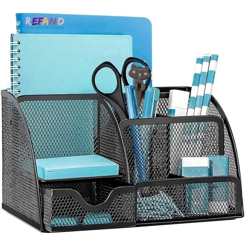 Mesh Desk Organizer Metal Desktop Office Supplies Multi-Functional Pen Holder Stationery with Compartment Drawer for Office Home