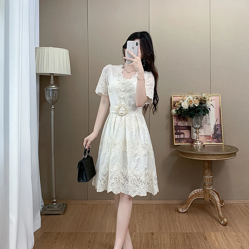 레이스 스플라이싱 디자인 여름 드레스 여성스러운 하이웨이스트 A라인 스커트 또는 티 브레이크 드레스 폴리에스터 섬유