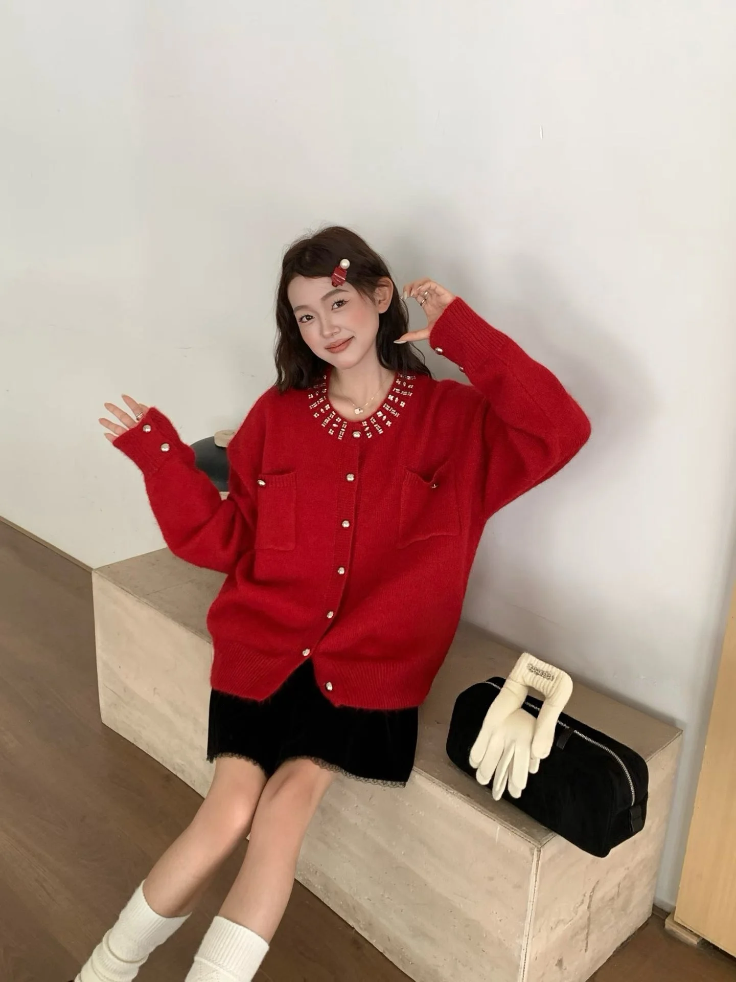 

Red Knitted Diamond Collar Sweater Autumn Winter Cisas Sle Slimming plus Size Cardigan Warmth Comfortable Long Sve Top