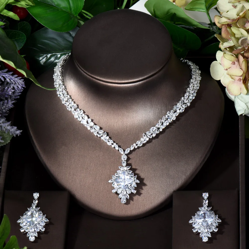 HIBRIDE Five Color Cubic Zirconia 2pcs Necklace Pendants Earring Sets Dubai Nigeria Wedding Jewelry Sets bijoux femme N-1723