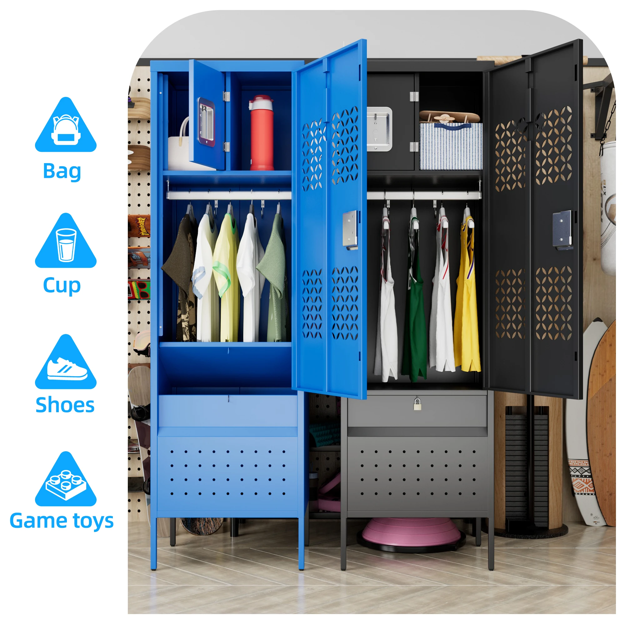 خزانة تخزين رياضية مع خزانة أحذية، خزانة معدنية قابلة للقفل بقدرة 72 بوصة مع قضيب تعليق وخطافات لصالة الألعاب الرياضية، تتطلب التجميع