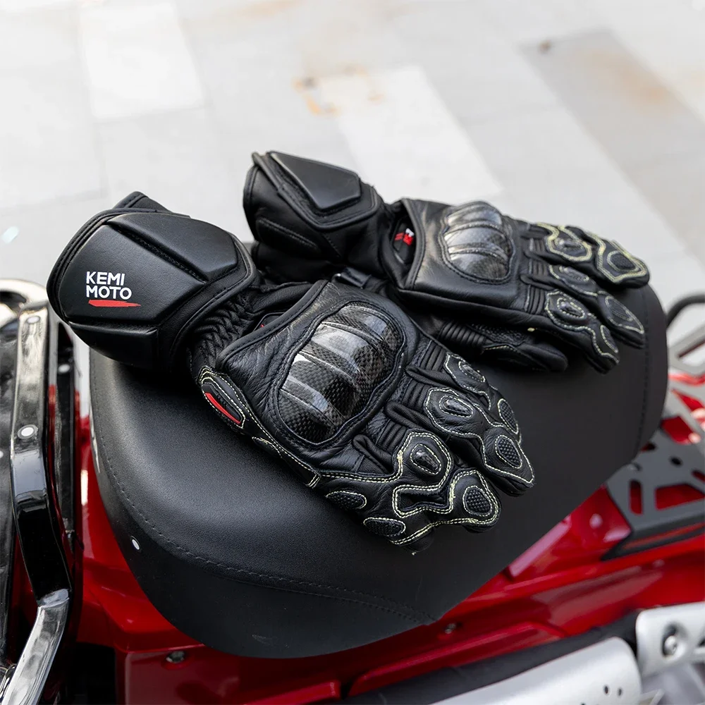 KEMITOUR Leder Racing Moto Handschuhe Für Motorrad Lange Manschette Professionelle Powersports Handschuhe Carbon Fiber Knuckle Für Männer Frauen – Detail 10