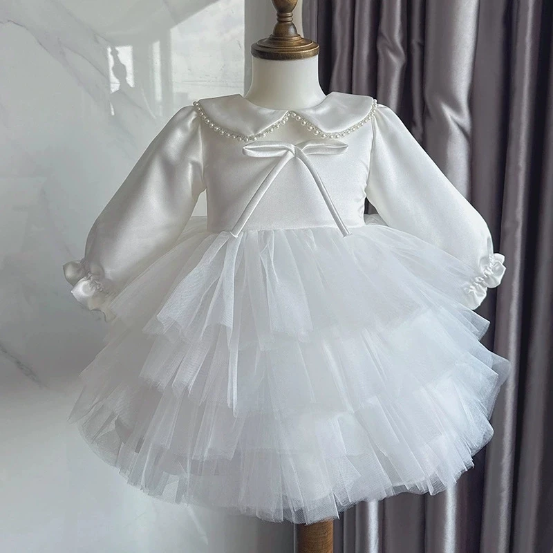 

Легкое роскошное платье для девочки на первый день рождения, белое свадебное платье с цветочным узором, пышное платье-тортик, детская одежда для крещения и банкетов