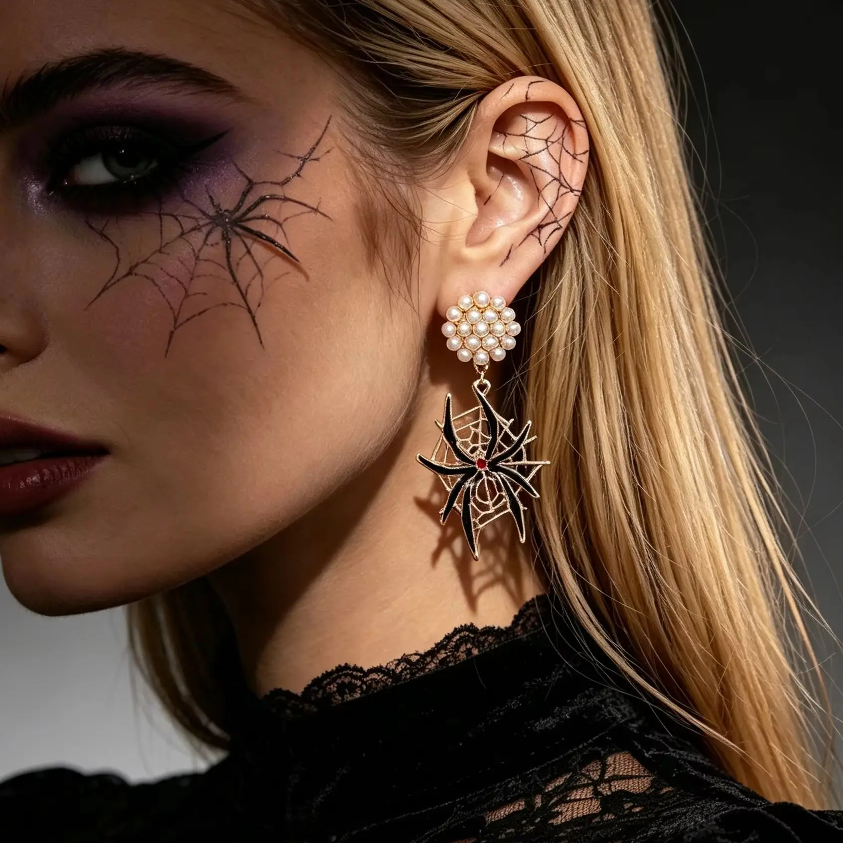 Halloween Übertriebene Spinnennetz-Ohrhänger für Damen Elegante Imitationsperlen BOO Lange Quasten-Ohrringe Party-Feiertagsschmuck – Detail 3