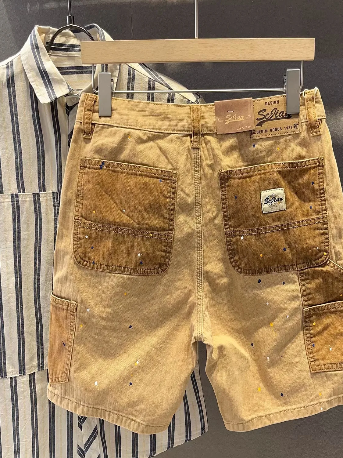 

Trendy Men's Workwear ort Pants Patchwork Color Blo Loose Straight Cotton Five-Quarter Thin Summer Paint Splatter Jeans