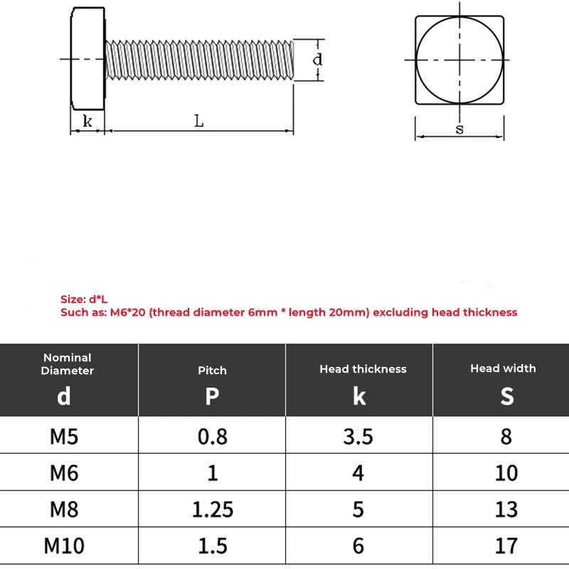 1-5Pcs GB35 304 Stainless Steel Square Head Bolts M4-M12 Metric Square Head Screws 8-100mm Length Fasteners