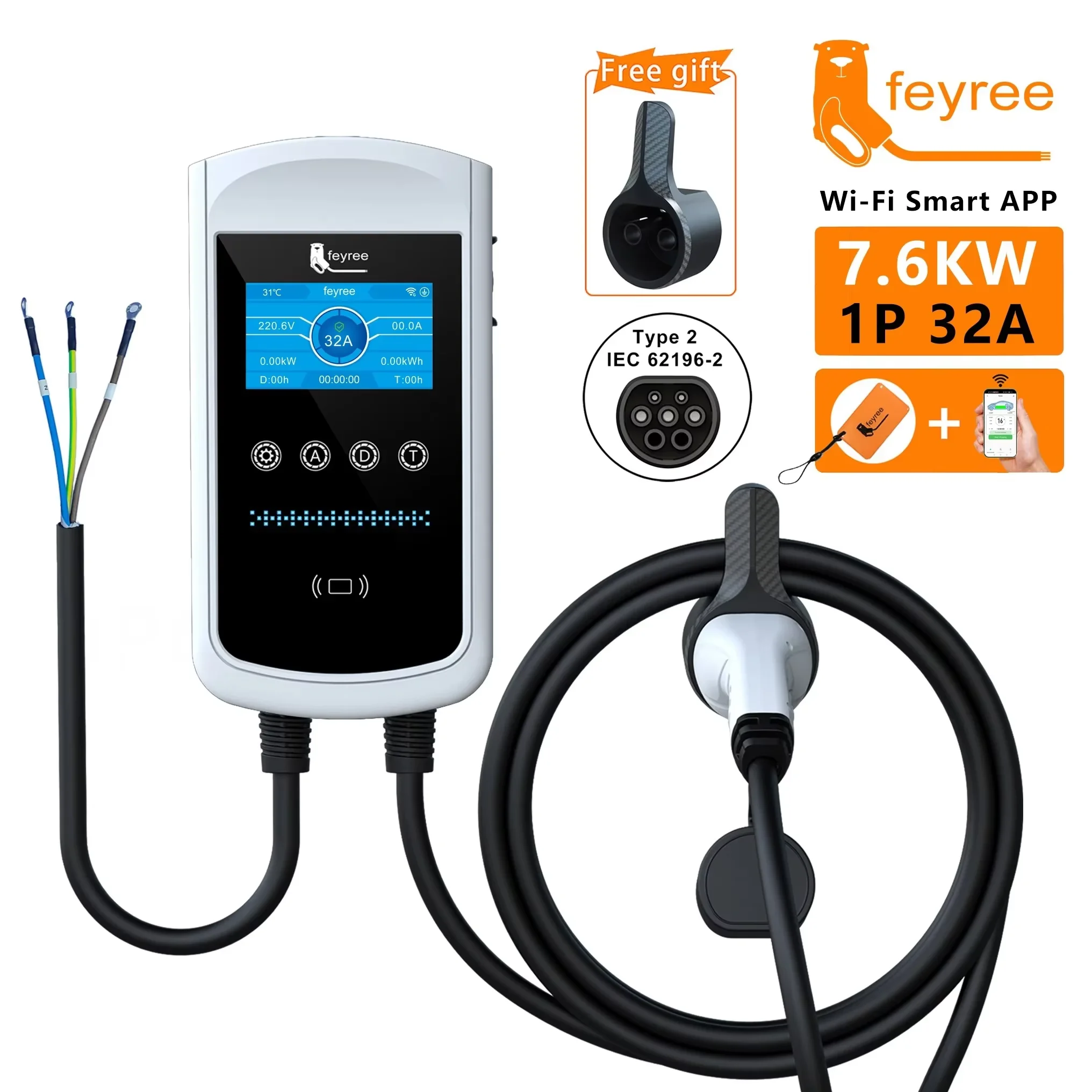 Feyree Typ2 32A 22kW EV-Ladegerät 11kW 3P EVSE Wallbox 7,6kW 1P 4,3-Zoll-Bildschirm Neue Intelligente APP-gesteuerte Ladestation Autoladegerät