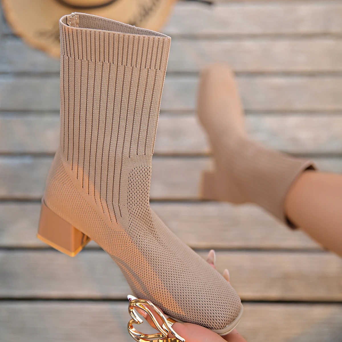 Women Fashion Ankle Boots Autumn Solid Color Shoes Stretch Knitted Sock Boots Women Chunky Slip on Plus-size Shoes for Women image 6