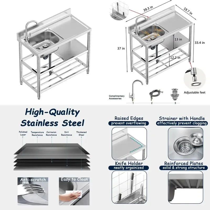Freestanding Kitchen Workbench with Stainless Steel 201/304 Sink Corrosion Resistant Durable Heavy Duty Load Bearing 1000kg/m
