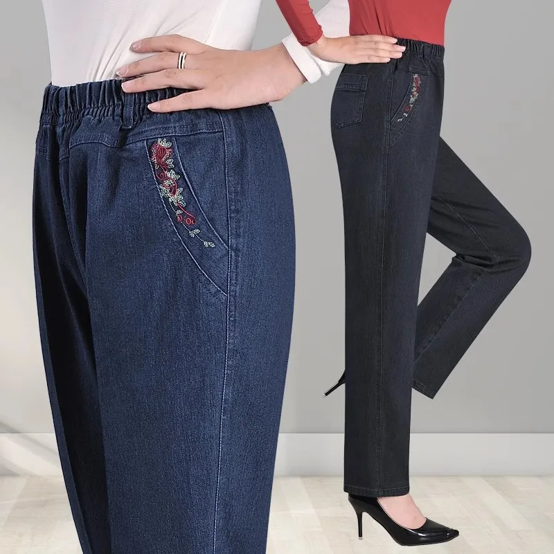 Middle aged mother Spring Autumn Embroidery Jeans Black Loose Elastic waist Stretch Straight Pants Casual Women Denim Trousers