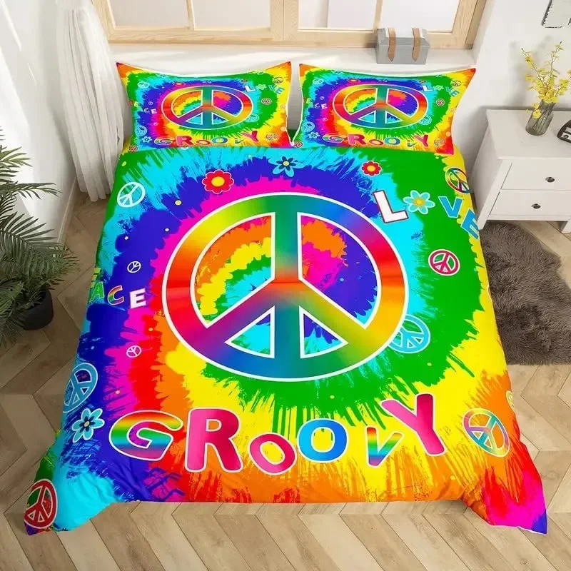 Peace Symbol Bedding Set Colorful Peace Sign Pattern Print Comforter Cover Americas Rasta Culture Microfiber Duvet Cover Set
