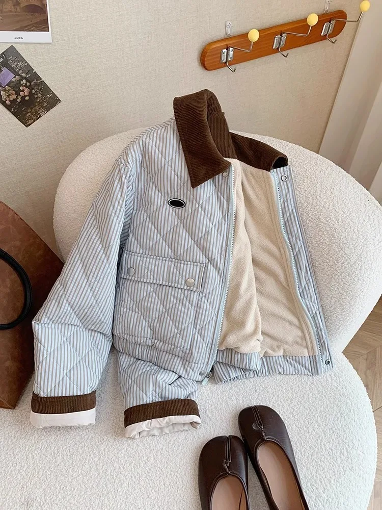 

Корейская повседневная легкая хлопковая куртка для женщин на осень-зиму, маленький размер, универсальная, с воротником, в полоску, с внутренней подкладкой