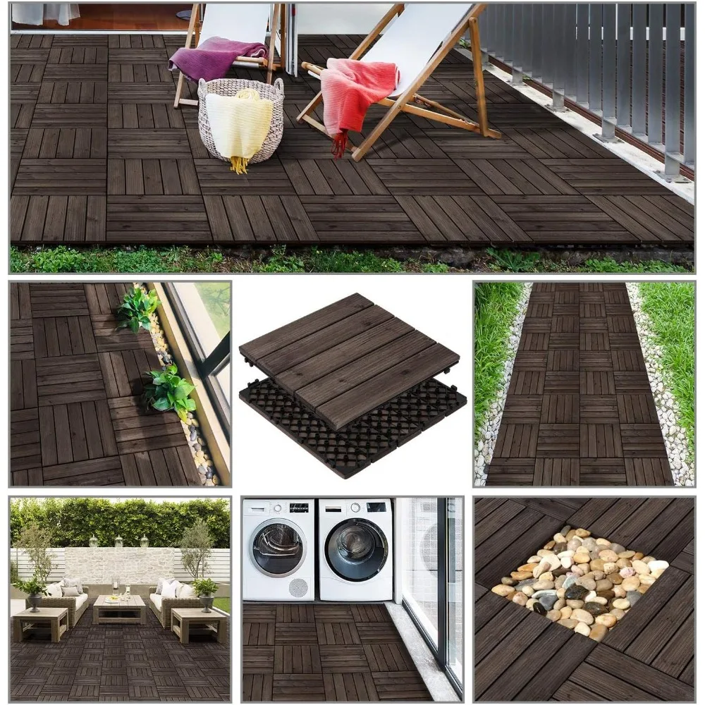 110pcs Patio Deck Tiles 12 x12in Interlocking Wood Composite Decking Floor Tiles Fir Wood Indoor Outdoor Patio Garden Deck,Black