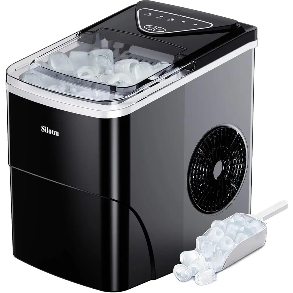 

Compact Ice Maker: 9 Cubes in 6 Mins, 26lbs Daily, Self-Cleaning, Scoop & Basket Included, 2 Ice Sizes for Home & Parties