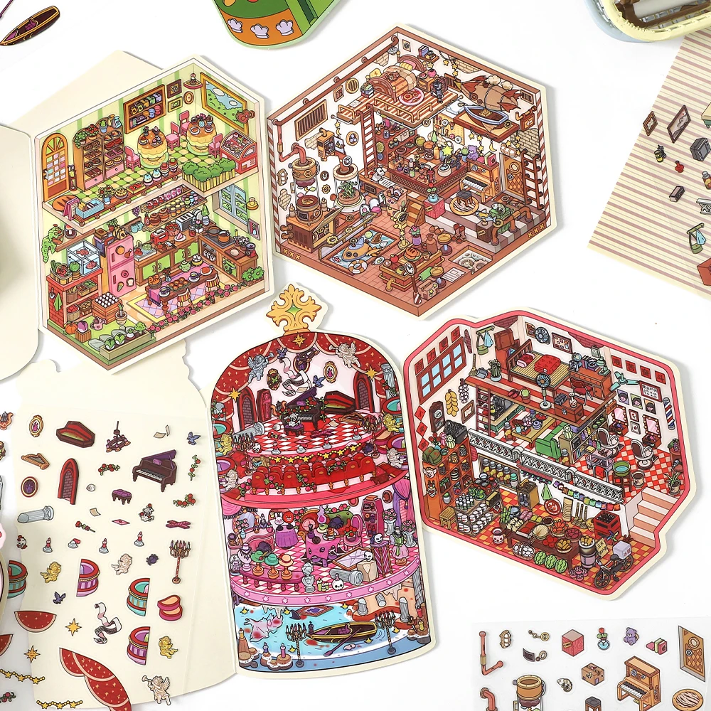 

Card Lover 3 шт. [Деловой день открыть 19.0 серии] Коттедж Детская ручная головоломка 2,5D Пейзажные наклейки ПЭТ-набор